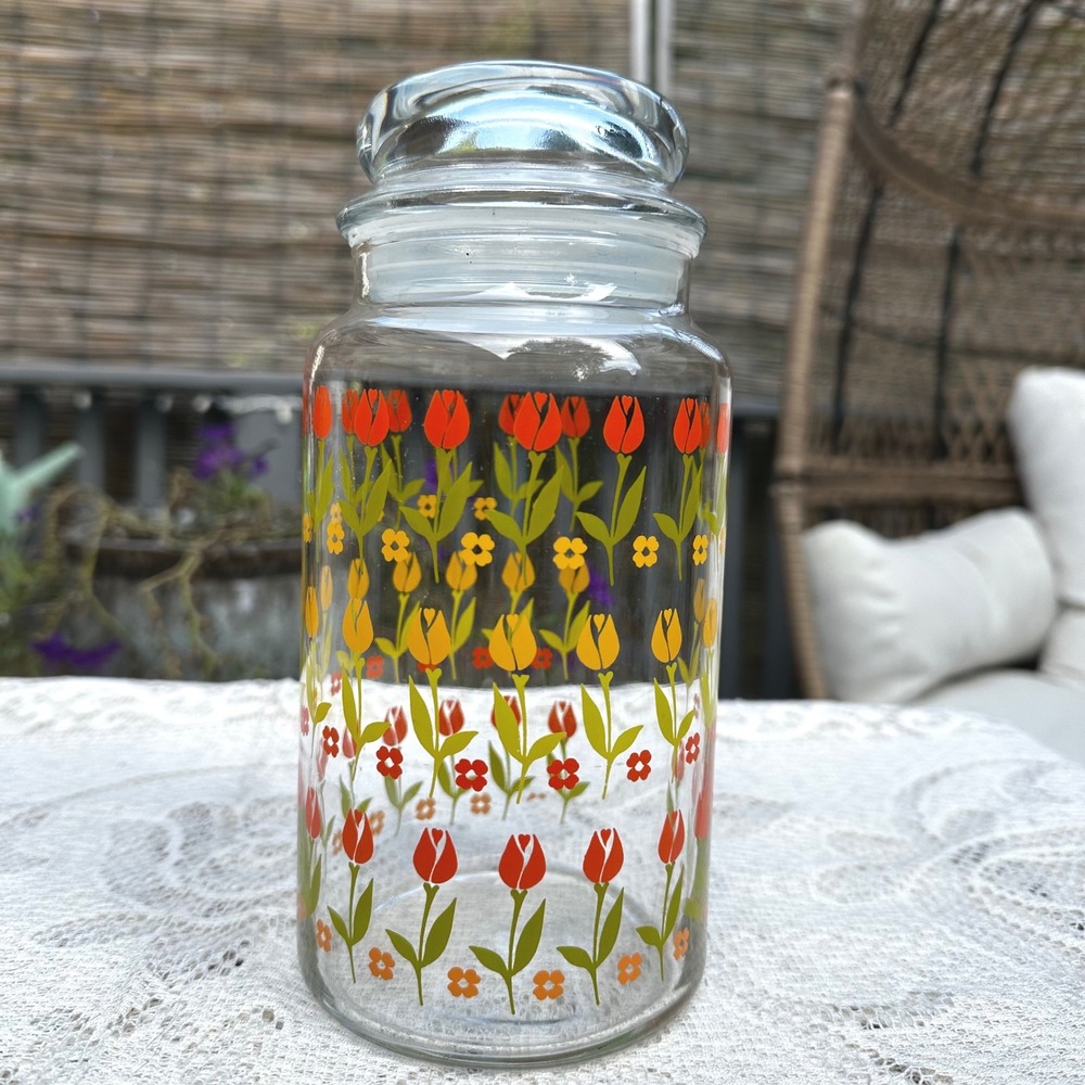 Vintage Glass Tulip Canister Orange Yellow Floral Retro Storage Jar Lid